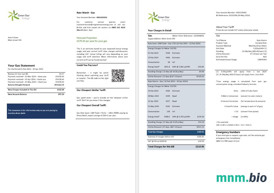UK Green Star Energy Energy rachunek za media Word i PDF, formaty 3
